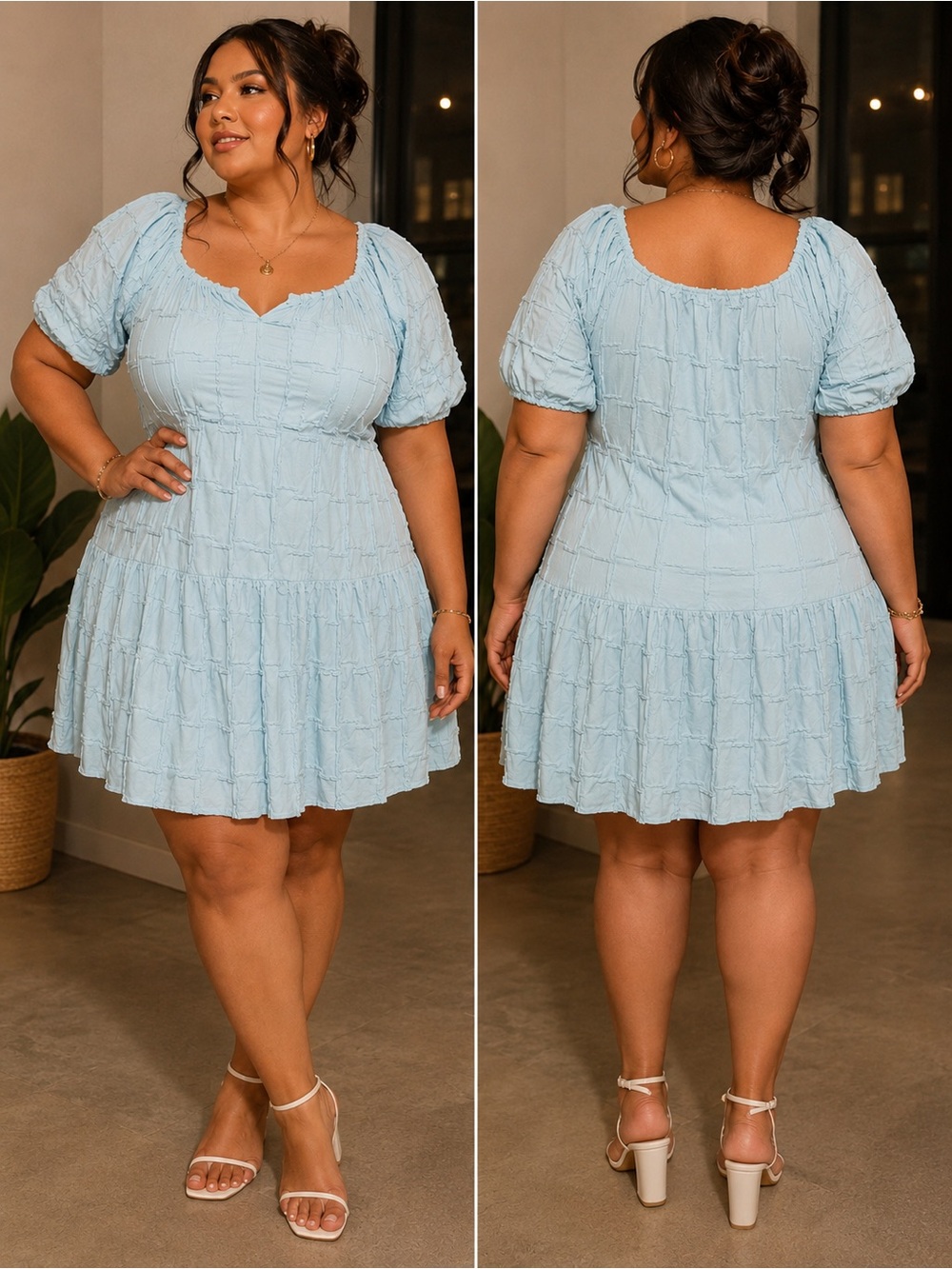 Plus Size Light Blue Mini Dress - Elegant Puff Sleeve Summer Dress